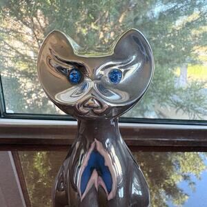 Vintage Silver Tone Metal Cat Piggy Bank Blue Rhinestone Eyes Mid Century
